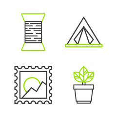 Sticker - Set line Flowers in pot, Picture landscape, Tourist tent and Sewing thread on spool icon. Vector