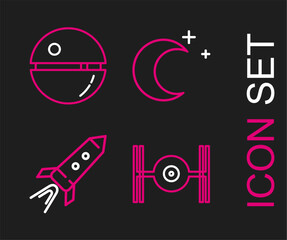 Poster - Set line Cosmic ship, Rocket with fire, Moon and stars and Death icon. Vector