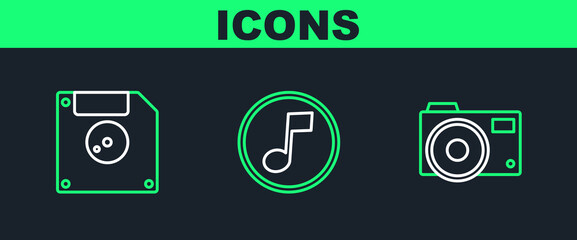 Poster - Set line Photo camera, Floppy disk for computer data storage and Music note, tone icon. Vector