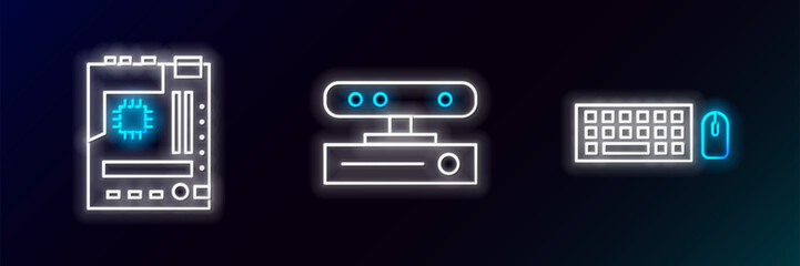 Poster - Set line Keyboard and mouse, Motherboard and Motion sensor icon. Glowing neon. Vector