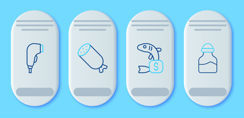 Poster - Set line Salami sausage, Price tag for fish, Scanner scanning bar code and Spice icon. Vector