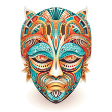 Mask. African Devil Mask With Horns, Eyes. Ornamental Ritual Tribal Ethnic Mask. Colorful Patterned African Aborigine Mask On White Background. Decorative Ornaments