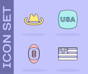 Sticker - Set American flag, Western cowboy hat, Football ball and USA Independence day icon. Vector