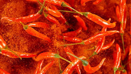 Poster - freeze motion of flying red chilli peppers on black background.