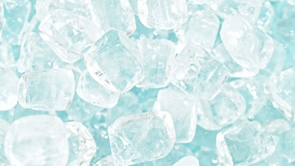 Poster - Freeze motion of flying ice cubes isolated on blue background.