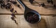Spoonful of homemade elderberry syrup, set against a wooden backdrop, emphasizing the use of natures ingredients for immune support, concept of Natural Remedies, created with Generative AI technology