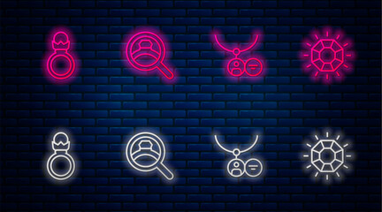 Poster - Set line Diamond engagement ring, Locket necklace, and . Glowing neon icon on brick wall. Vector