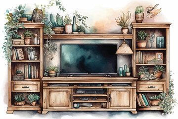 Watercolor modern home decoration wooden Entertainment center with tv shelf and book collection. Generative AI