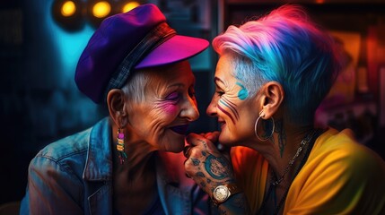 Old smiling lesbian couple kissing in cafe neon lighting, stylish young spirit two women LGBT couple with tattoos on body hugs in cafe, happy meeting of old lovers, generative AI