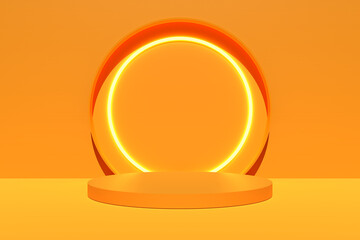 Orange colored background with glowing lights and geometric shapes. Product display mockup.