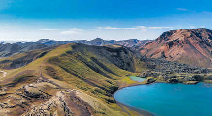 Wall Mural - Lake and mountains of Landmannalaugar landscape in summer season, aerial view - Iceland - Europe