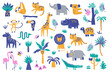 © AngellozOlga - African jungle animals and plants shape cutouts style vector clip-art set isolated on white. Zebra, lion, tiger, leopard, elephant, rhino, hippo, turtle, croc, flamingo, giraffe kid illustration