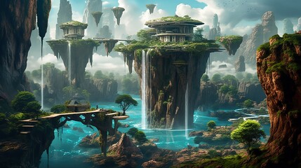 Canvas Print - Surreal landscape with floating islands and waterfalls, generative ai