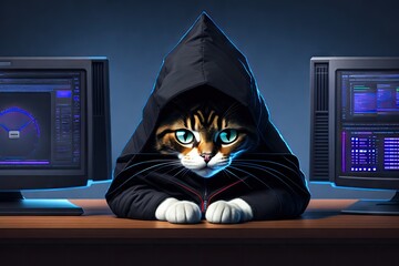 Cat hacker or program develper with laptop illustration. Funny pet character in hoodie playing computer, generative ai