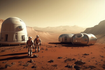 Wall Mural - astronauts wearing space suits walking on red planet, standing near base for colonization. martian c