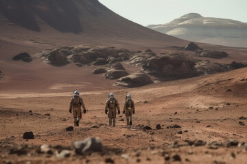 Wall Mural - astronauts wearing space suits walking on red planet. martian colony. mars colonization. created wit