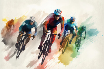 Cyclists team riding on bicycles, color drawing. Bike race banner. Active sport sticker. Created with Generative AI