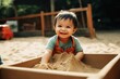 A happy small child playing in a sandbox created with generative AI technology.