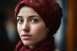Close up view of a young woman with a headscarf created with generative AI technology.