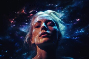 Wall Mural - Ethereal and mesmerizing woman portrait in a galaxy environment created with generative AI technology.