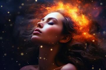 Wall Mural - Ethereal and mesmerizing woman portrait in a galaxy environment created with generative AI technology.