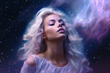 Wall Mural - Ethereal and mesmerizing woman portrait in a galaxy environment created with generative AI technology.