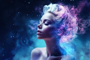 Wall Mural - Ethereal and mesmerizing woman portrait in a galaxy environment created with generative AI technology.