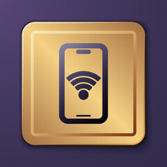 Poster - Purple Smartphone with free wi-fi wireless connection icon isolated on purple background. Wireless technology, wi-fi connection, wireless network. Gold square button. Vector