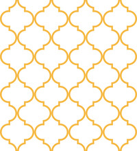 Moroccan Seamless Background Of Geometric Islamic Trellis Pattern In White With Gold Outline. Decorative Morocco Geometric Pattern/ Quatrefoil Background	