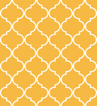 Moroccan Seamless Background Of Geometric Islamic Trellis Pattern In Gold With White Outline. Decorative Morocco Geometric Pattern/ Quatrefoil Background	