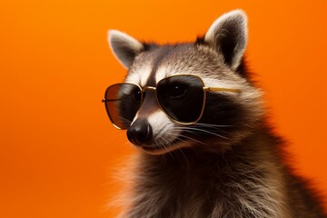 Wall Mural - Cool Raccoon with Sunglasses on Bright Orange Background Generative AI