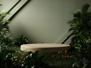 Wall Mural - Wooden podium in tropical forest for product presentation and dark green wall.3d rendering