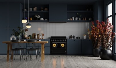 Style dark blue kitchen and minimalist interior design.3d rendering