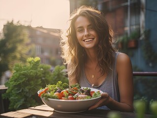 woman enjoying a vibrant salad outdoors, generative ai