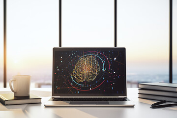 Aufkleber - Creative artificial Intelligence concept with human brain sketch on modern laptop monitor. 3D Rendering