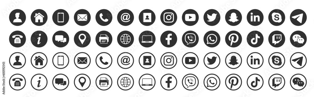 Connect Icons.Contact us icon set.Contact and Communication Icons.Set of Communication icon.Set of Social media icon:Facebook,Instagram, Twitter, Youtube,Whatsapp.Set of Icons for social networking