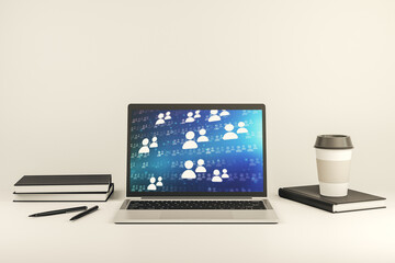 Poster - Modern computer display with social network icons concept. Networking concept. 3D Rendering