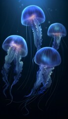 Wall Mural - Bright Blue Jellyfishes in Dark Water Generative AI