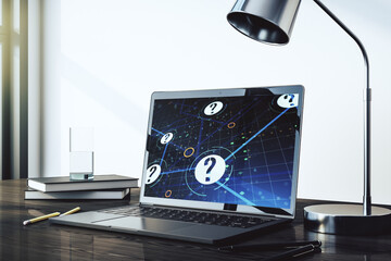 Aufkleber - Creative concept of question mark illustration on modern laptop screen. FAQ and search concept. 3D Rendering