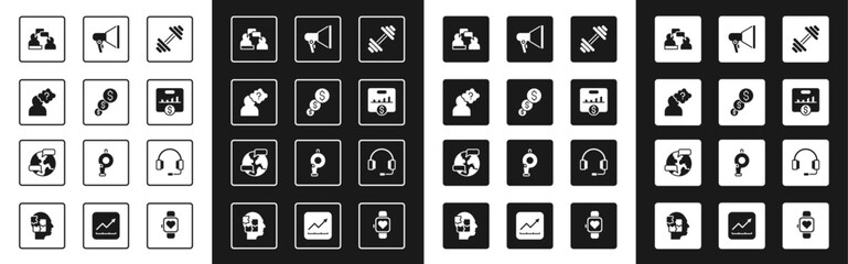 Poster - Set Dumbbell, Financial growth and dollar, Head with question mark, Two sitting men talking, Key performance indicator, Megaphone, Headphones and Worldwide icon. Vector