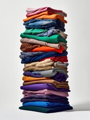 an extremely tall stack of neatly folded clothing towering on a clean white background, generative a