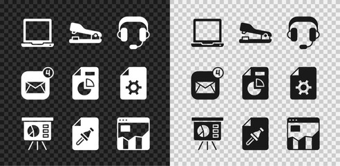 Poster - Set Laptop, Stapler, Headphones, Board with graph, Note paper push button, Graph chart infographic, Envelope and Document icon. Vector