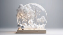 Christmas Lights With Snow And Wood Pedestal Showcase. Generative Ai