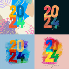 Wall Mural - Happy New Year 2024 with retro set typography concept watercolor stain. Colorful abstract watercolor 2024 New Year celebration concept for calendar, social media post, banner, flyer, poster, template.