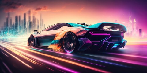 Poster - Elegant luxury super sports car future design driving on modern city highway Generative AI