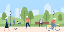 Elderly People Walking In Park. Senior Person Activity, Healthy Lifestyle On Retirement. Outdoor Time With Dog Or Kids, Recent Vector Nature Scene