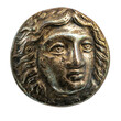 antike griechische Münze aus Silber: Kopf des Apollon mit Lorbeerkranz, Tetradrachme