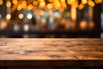 Empty wood table in a pub, blurred bokeh background, ai generative illustration