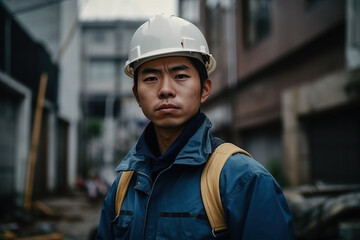 Confident Asian engineer standing in factory , Asia worker employee in hard hat safety work in factory. Generative ai