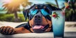 Rottweiler dog is on summer vacation at seaside resort and relaxing rest on summer beach of Hawaii Generative AI